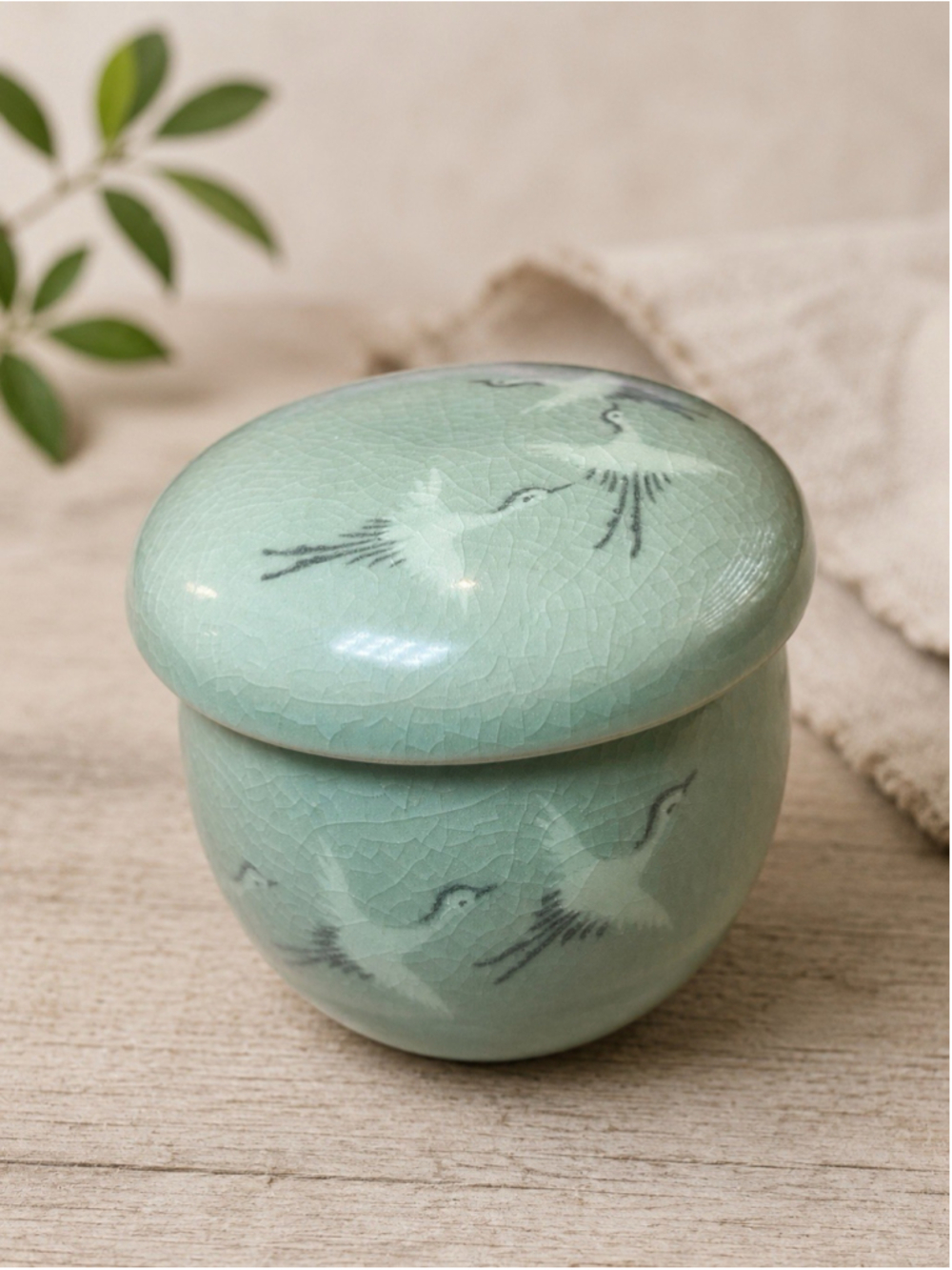 Vintage Korean Celadon Tea Cup Infuser Set Crane Motif Crackle Glaze Signed